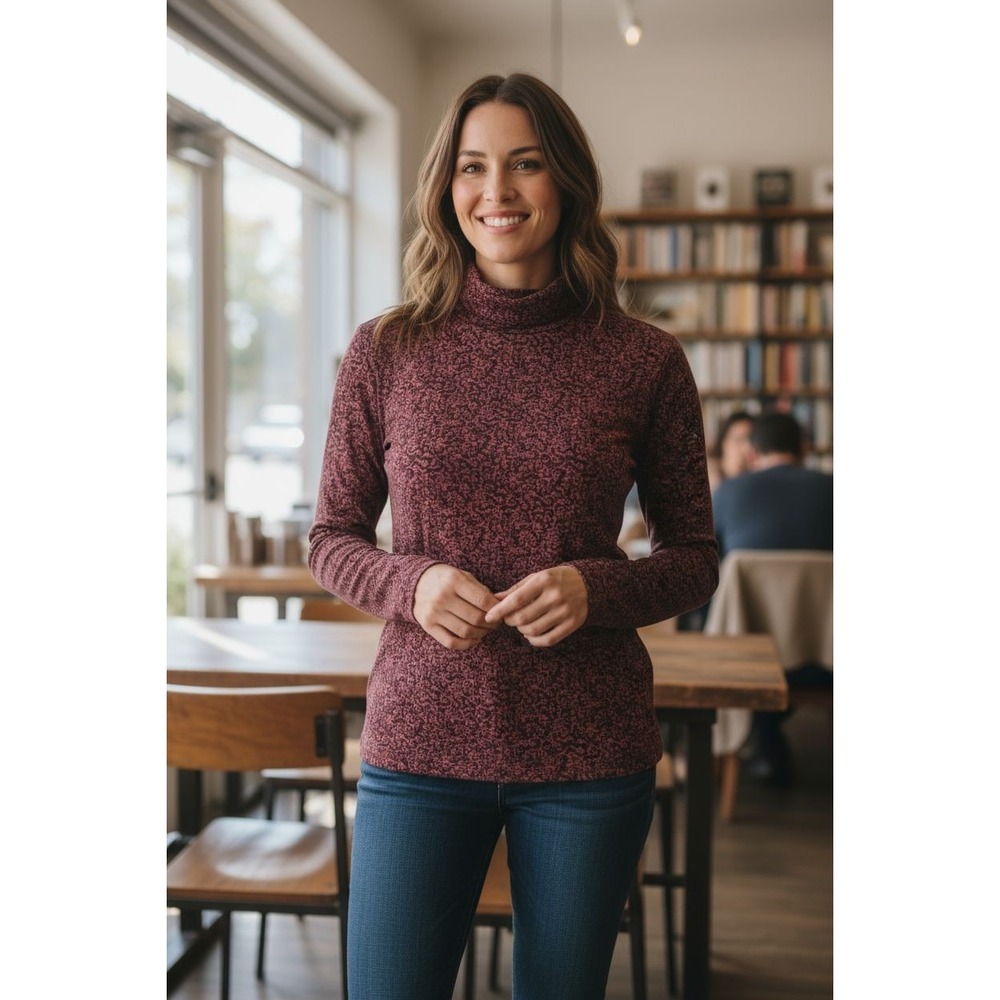 Peruvian Connection‎ Floral Maroon Longsleeve Turtleneck Top XL EUC